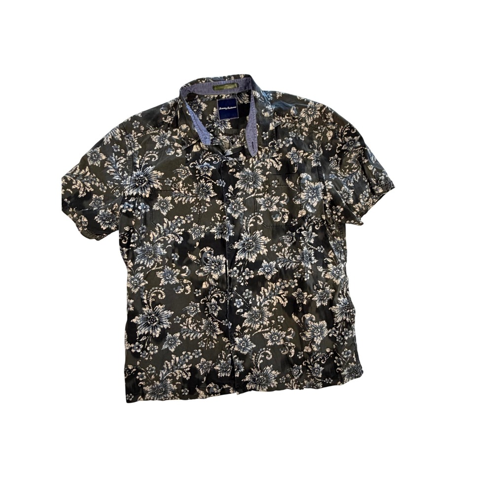 Tommy Bahama Mens‎ Short Sleeve Button Up Floral Silk Cotton Black Blue Large